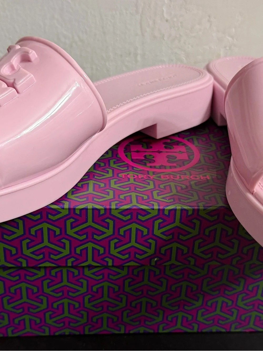 Tory Burch Pink Patent Logo Slide Sandals